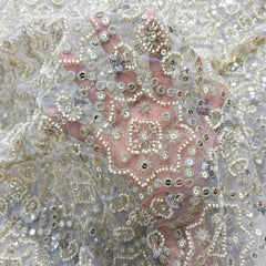 Dyeable Embroidered white Net Fabric with Silver Sequin, Cutdana and White Beads Work