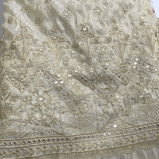 Hand Embroidered Dyeable Shimmer Tissue Fabric with Border