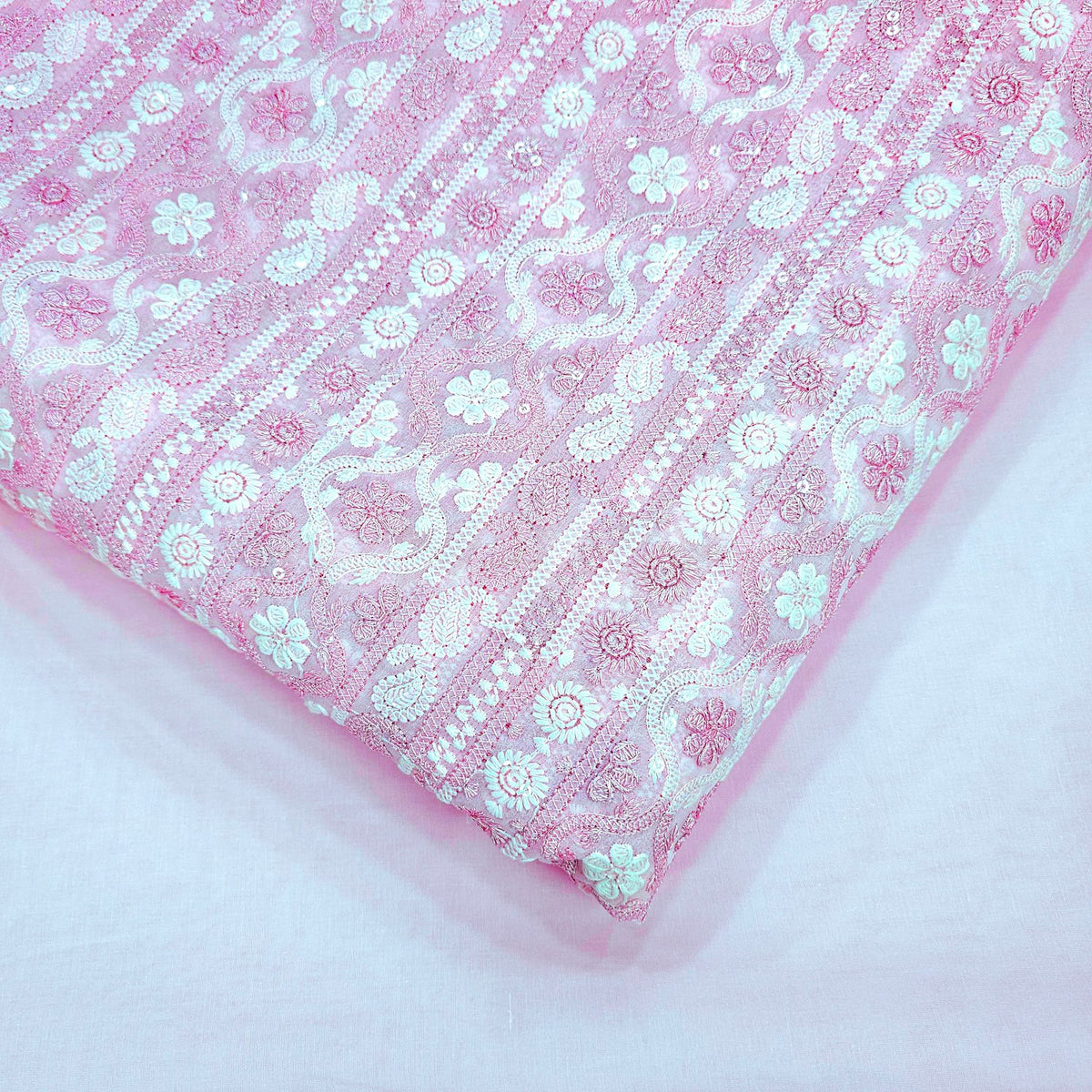 Ronak Embroidered Pink Hakoba Georgette Fabric with Sequins and Floral Threadwork