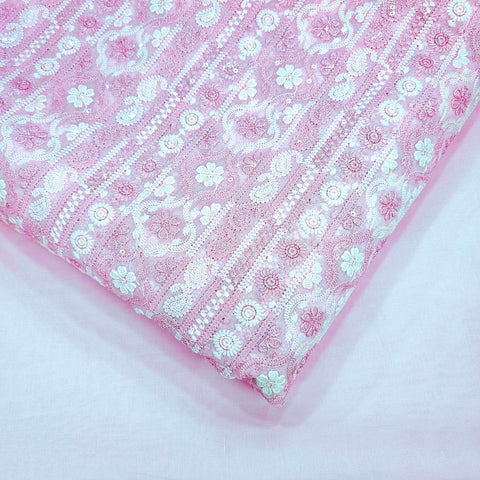 Ronak Embroidered Pink Hakoba Georgette Fabric with Sequins and Floral Threadwork