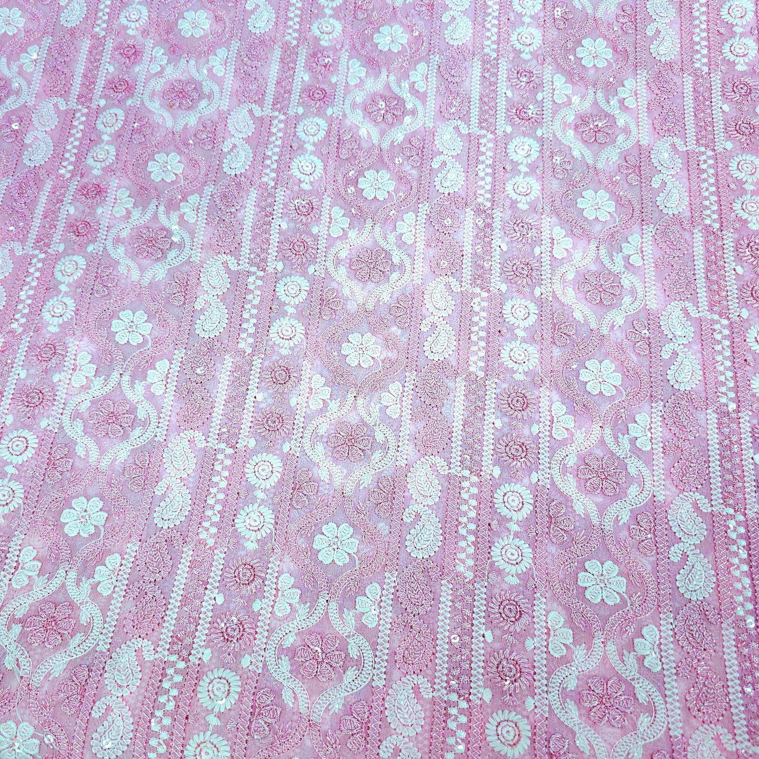 Ronak Embroidered Pink Hakoba Georgette Fabric with Sequins and Floral Threadwork