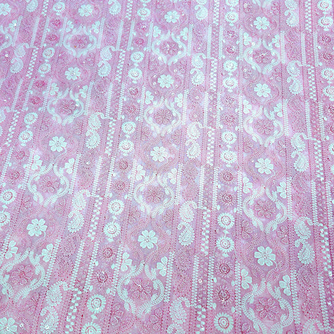 Ronak Embroidered Pink Hakoba Georgette Fabric with Sequins and Floral Threadwork