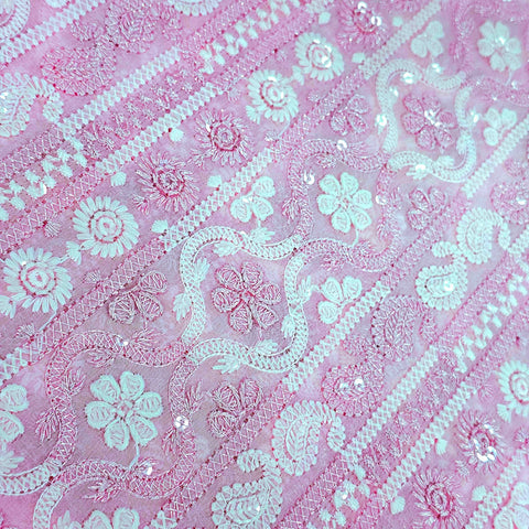 Ronak Embroidered Pink Hakoba Georgette Fabric with Sequins and Floral Threadwork