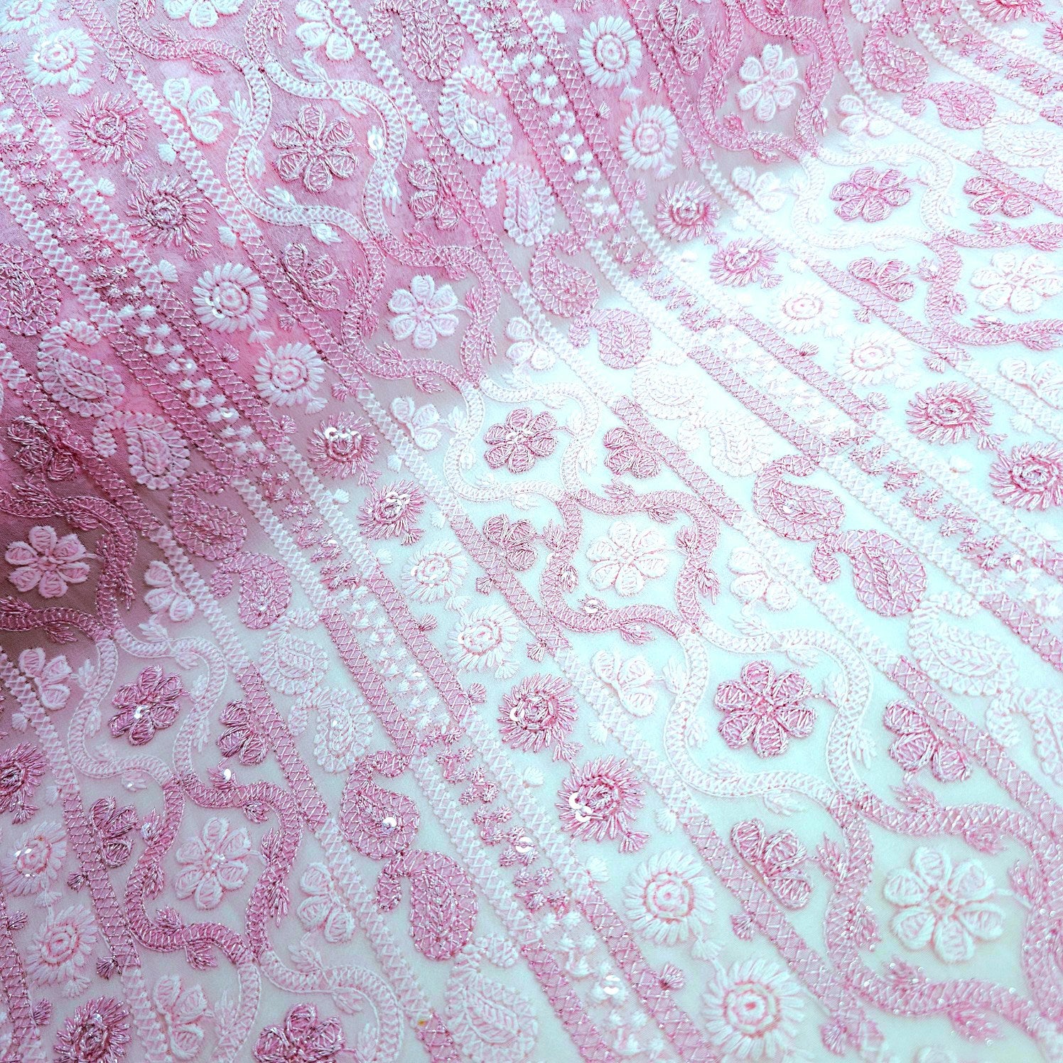 Ronak Embroidered Pink Hakoba Georgette Fabric with Sequins and Floral Threadwork