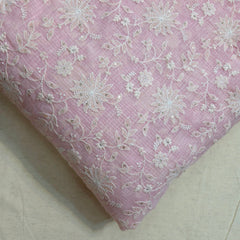 Floral Embroidered Baby Pink Kota Doria Fabric with Sequin Highlights