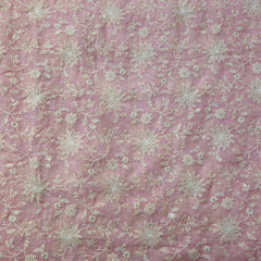 Floral Embroidered Baby Pink Kota Doria Fabric with Sequin Highlights