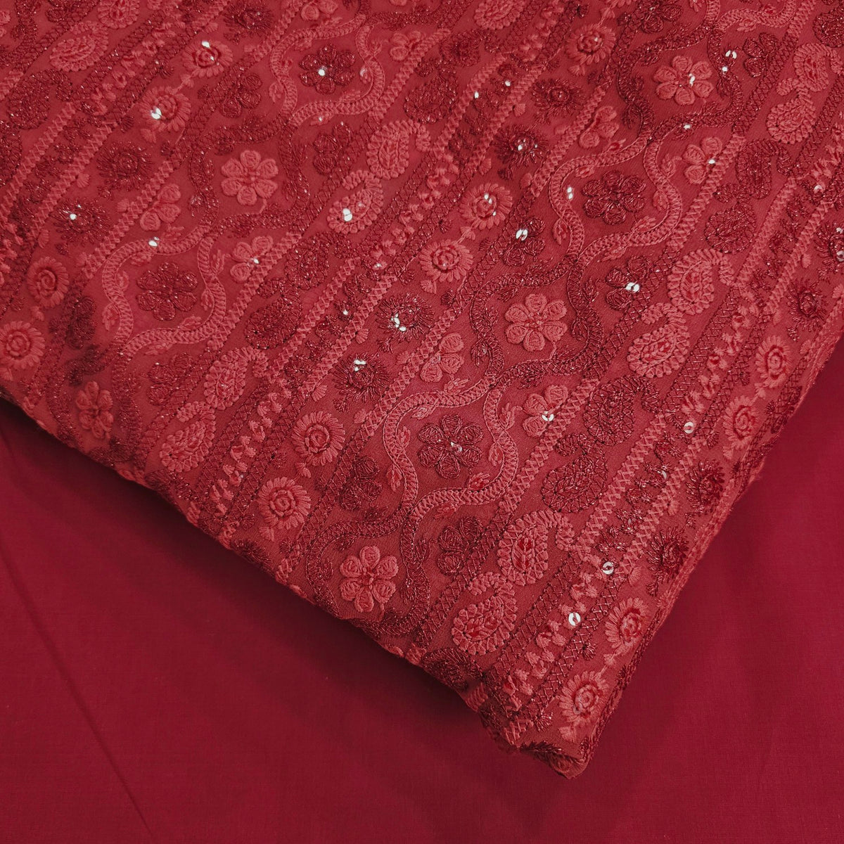 Ronak Embroidered Red Hakoba Georgette Fabric with Sequins and Floral Threadwork