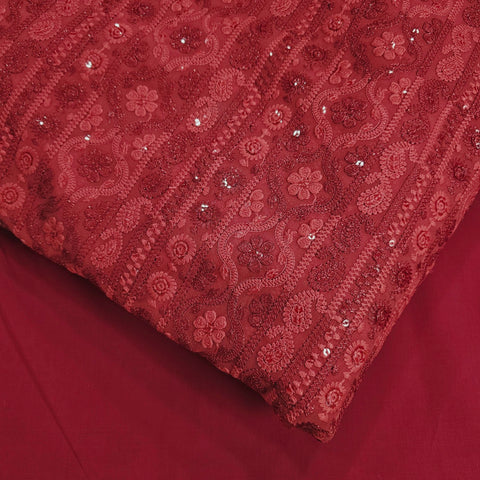 Ronak Embroidered Red Hakoba Georgette Fabric with Sequins and Floral Threadwork