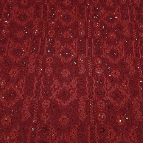 Ronak Embroidered Red Hakoba Georgette Fabric with Sequins and Floral Threadwork