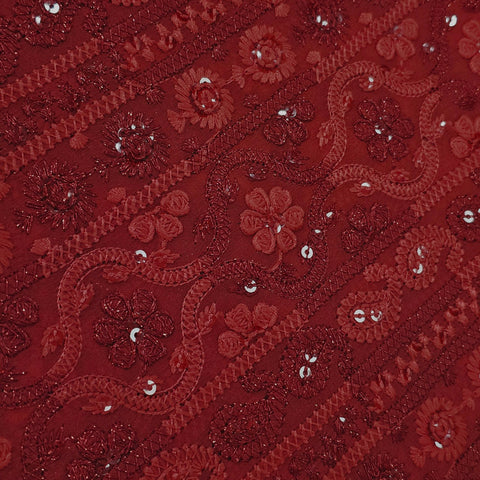 Ronak Embroidered Red Hakoba Georgette Fabric with Sequins and Floral Threadwork