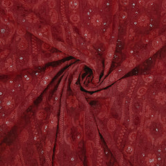 Ronak Embroidered Red Hakoba Georgette Fabric with Sequins and Floral Threadwork
