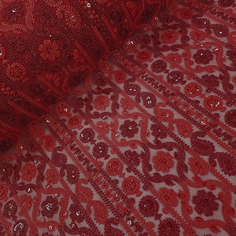 Ronak Embroidered Red Hakoba Georgette Fabric with Sequins and Floral Threadwork