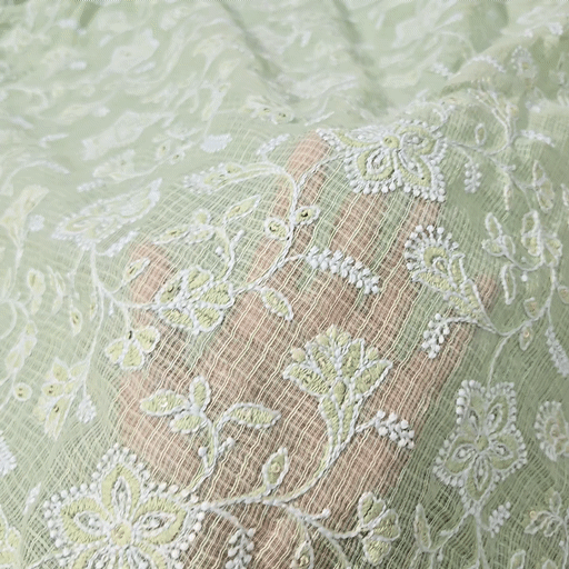 Floral Embroidered Pista Color Kota Doria Fabric with Sequin Highlights