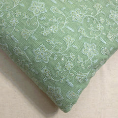 Floral Embroidered Pista Color Kota Doria Fabric with Sequin Highlights