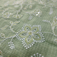 Floral Embroidered Pista Color Kota Doria Fabric with Sequin Highlights