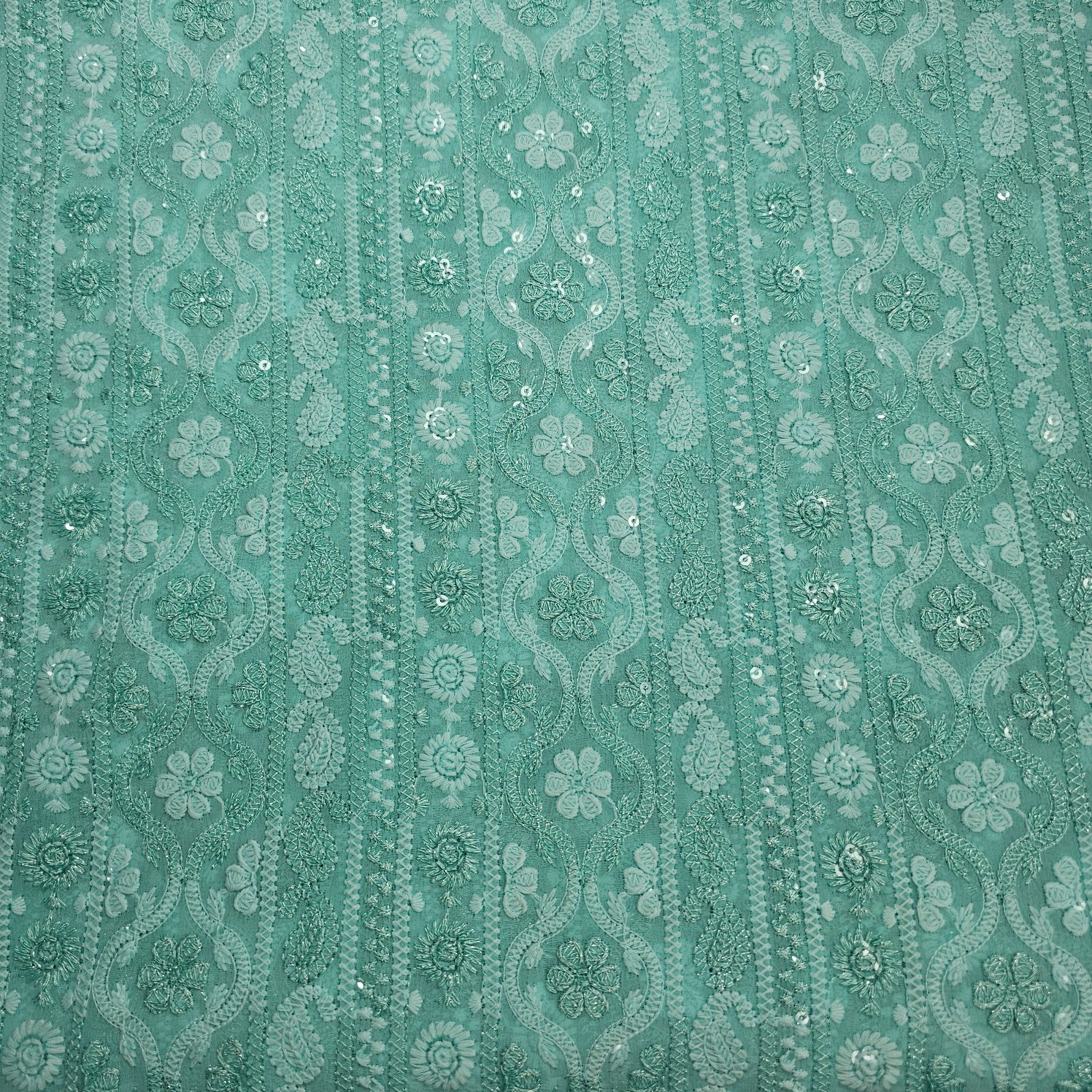 Ronak Embroidered Pastel Mint Hakoba Georgette Fabric with Sequins and Floral Threadwork