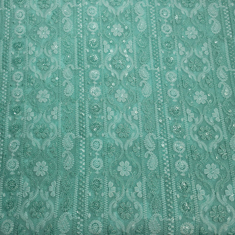 Ronak Embroidered Pastel Mint Hakoba Georgette Fabric with Sequins and Floral Threadwork