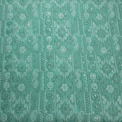 Ronak Embroidered Pastel Mint Hakoba Georgette Fabric with Sequins and Floral Threadwork
