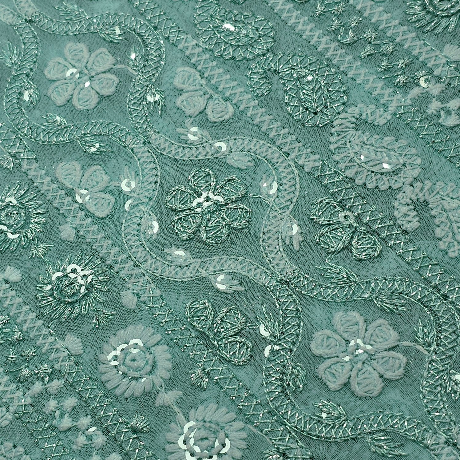 Ronak Embroidered Pastel Mint Hakoba Georgette Fabric with Sequins and Floral Threadwork