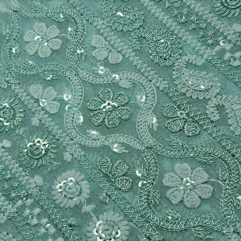 Ronak Embroidered Pastel Mint Hakoba Georgette Fabric with Sequins and Floral Threadwork