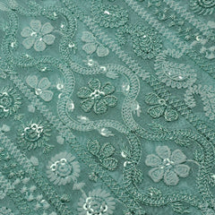 Ronak Embroidered Pastel Mint Hakoba Georgette Fabric with Sequins and Floral Threadwork
