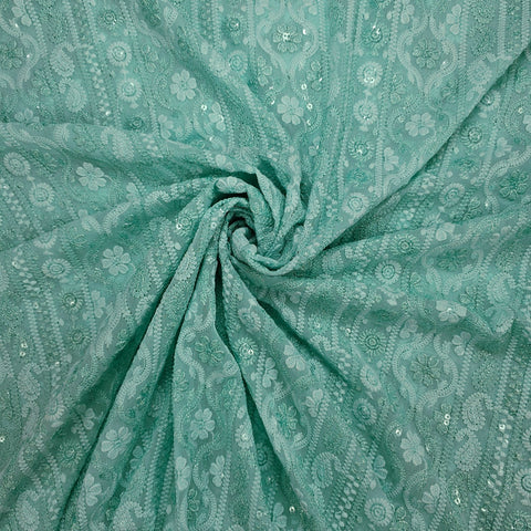 Ronak Embroidered Pastel Mint Hakoba Georgette Fabric with Sequins and Floral Threadwork