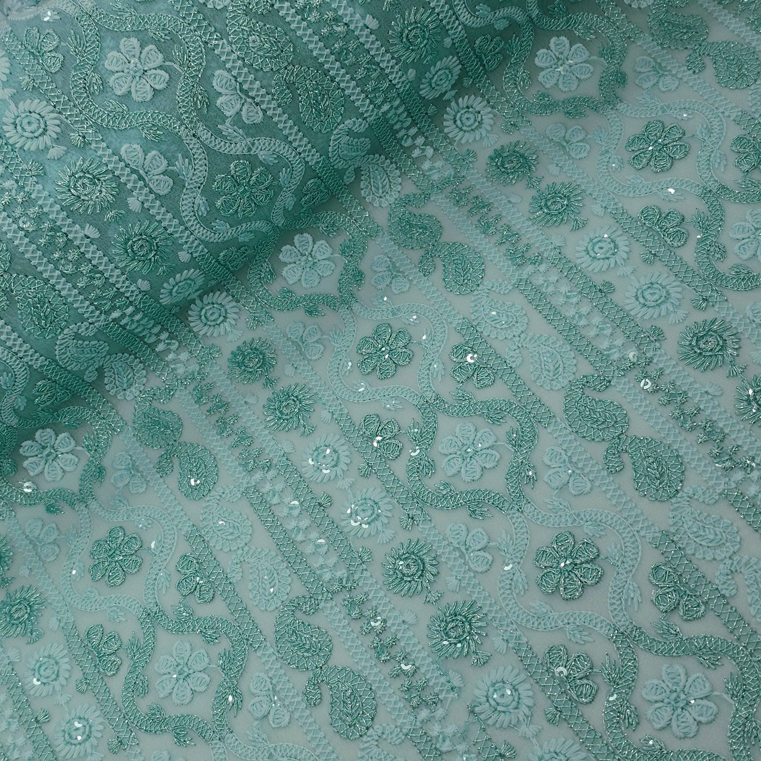 Ronak Embroidered Pastel Mint Hakoba Georgette Fabric with Sequins and Floral Threadwork