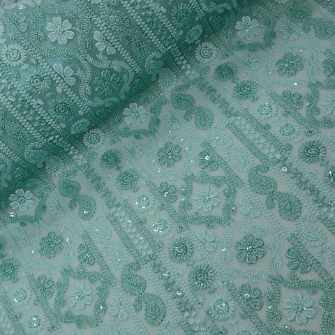 Ronak Embroidered Pastel Mint Hakoba Georgette Fabric with Sequins and Floral Threadwork