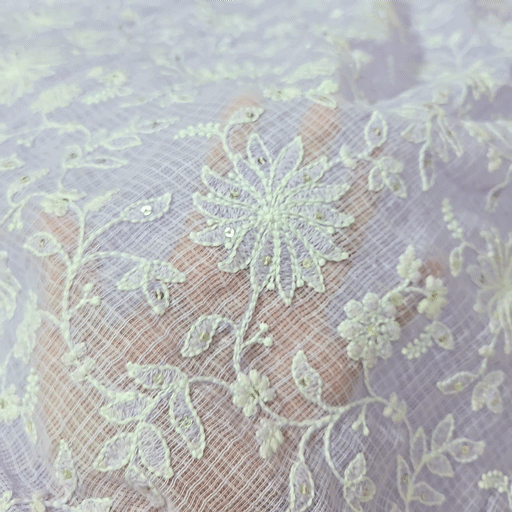 Floral Embroidered Lilace Kota Doria Fabric with Sequin Highlights