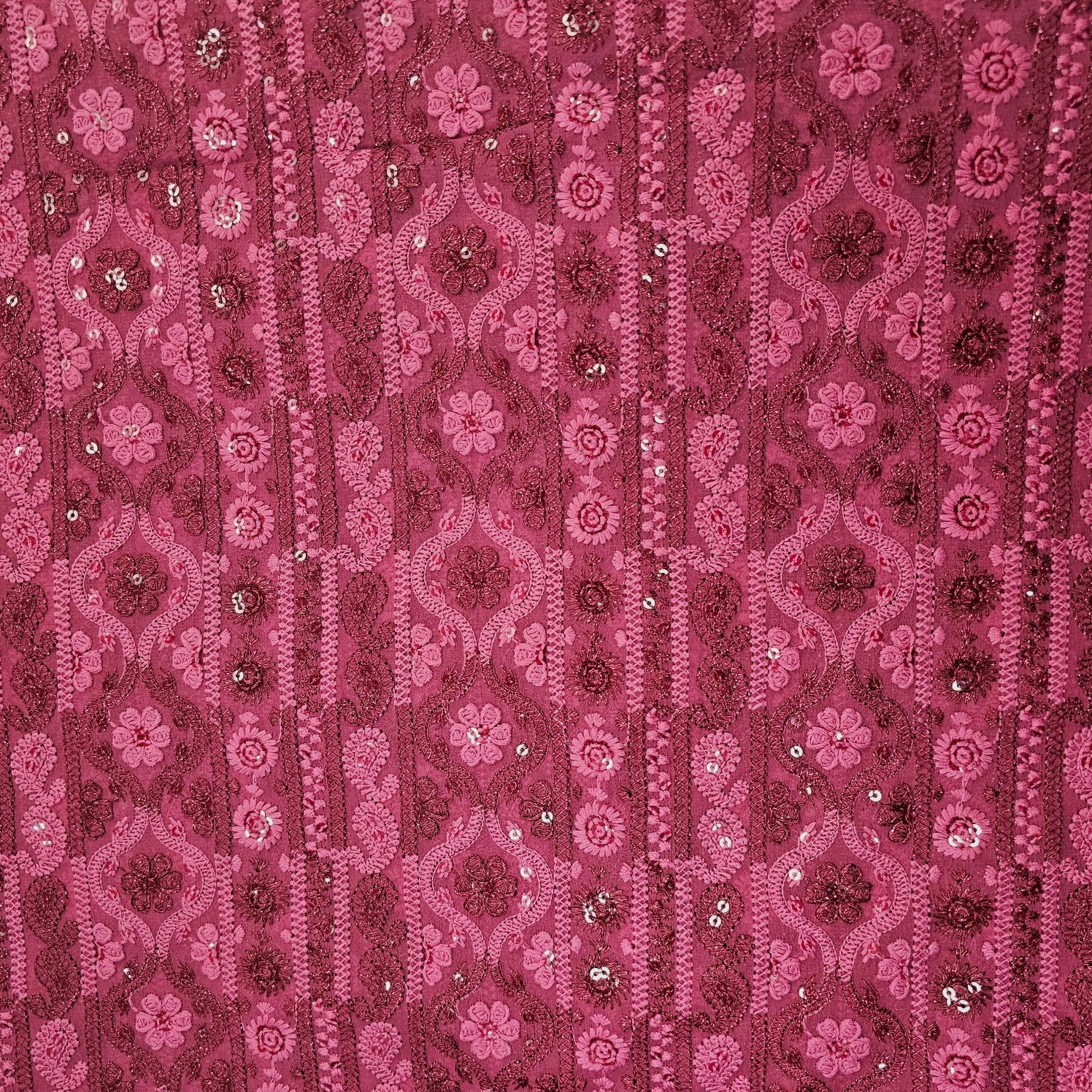 Ronak Embroidered Maroon Hakoba Georgette Fabric with Sequins and Floral Threadwork