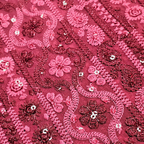 Ronak Embroidered Maroon Hakoba Georgette Fabric with Sequins and Floral Threadwork
