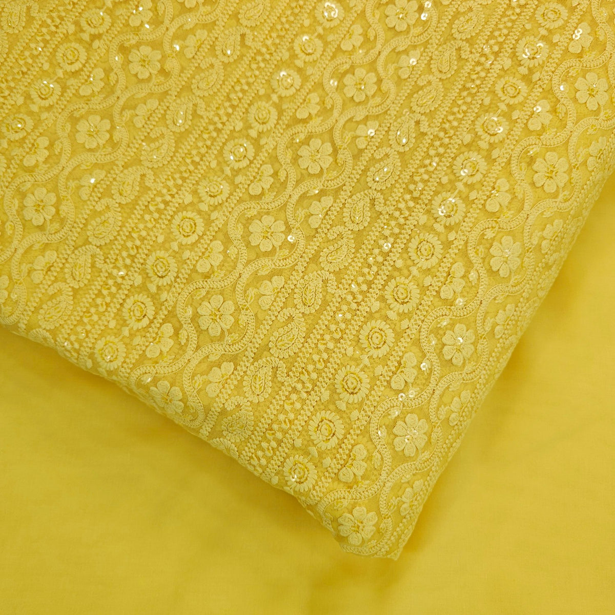 Mahira Embroidered Yellow Hakoba Georgette Fabric with Sequins and Floral Threadwork