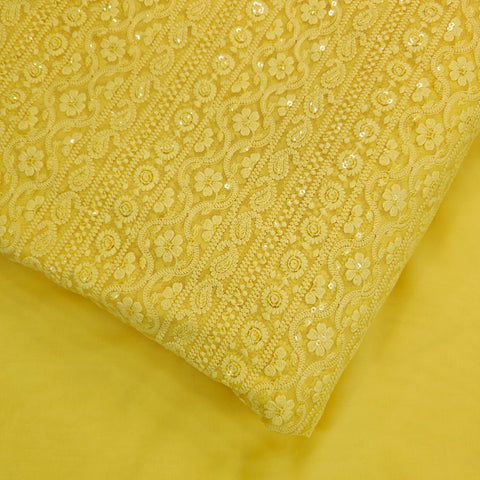 Mahira Embroidered Yellow Hakoba Georgette Fabric with Sequins and Floral Threadwork