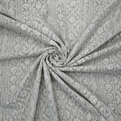 Mahira Embroidered Grey Hakoba Georgette Fabric with Sequins and Floral Threadwork