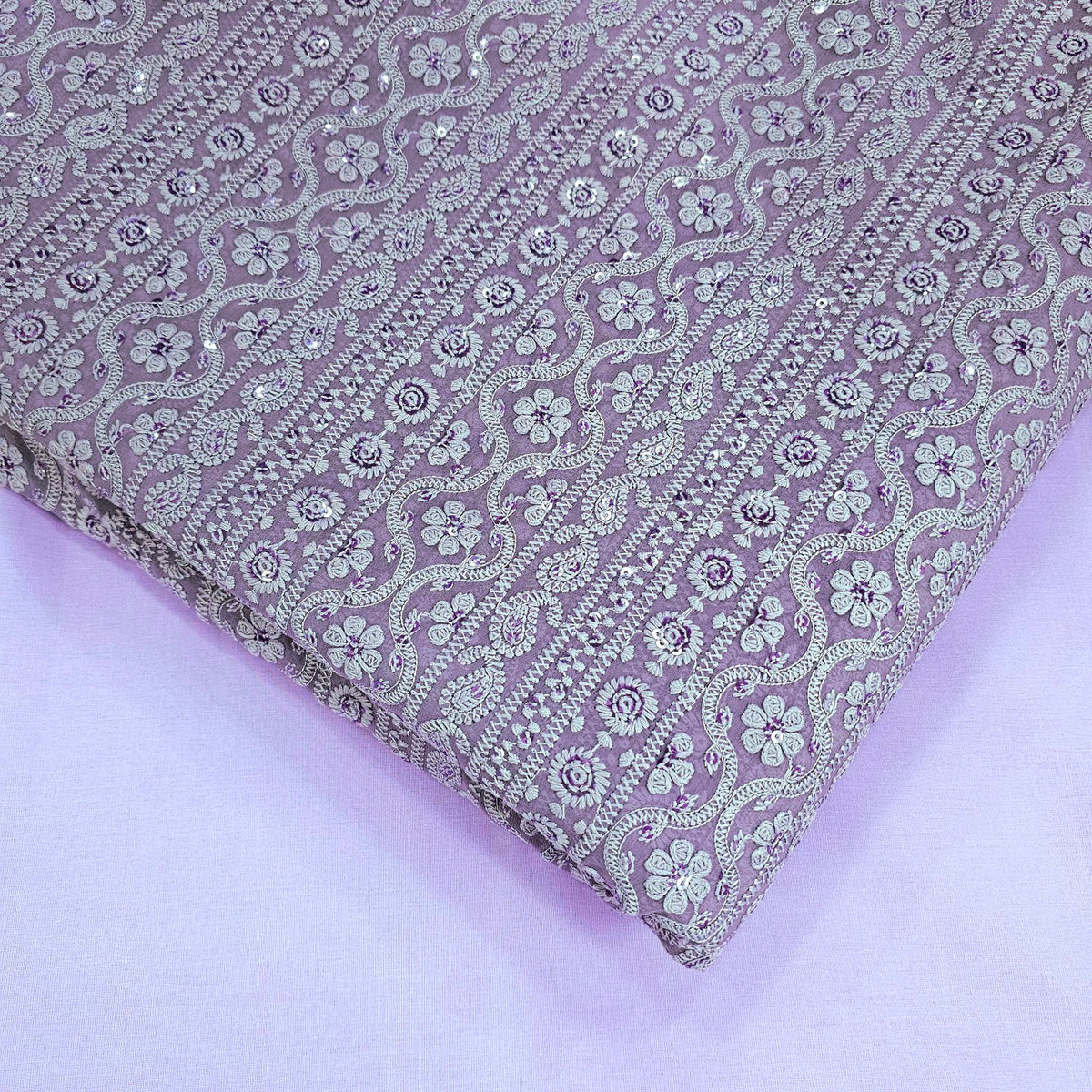 Mahira Embroidered Mauve Purple Hakoba Georgette Fabric with Sequins and Floral Threadwork