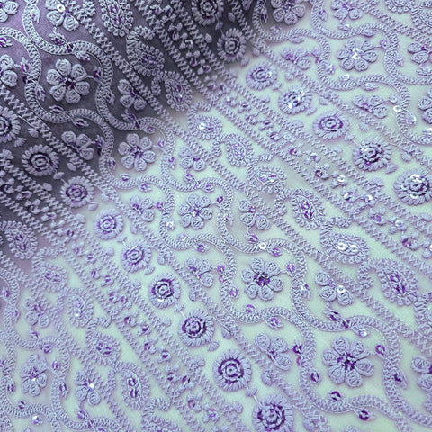 Mahira Embroidered Mauve Purple Hakoba Georgette Fabric with Sequins and Floral Threadwork