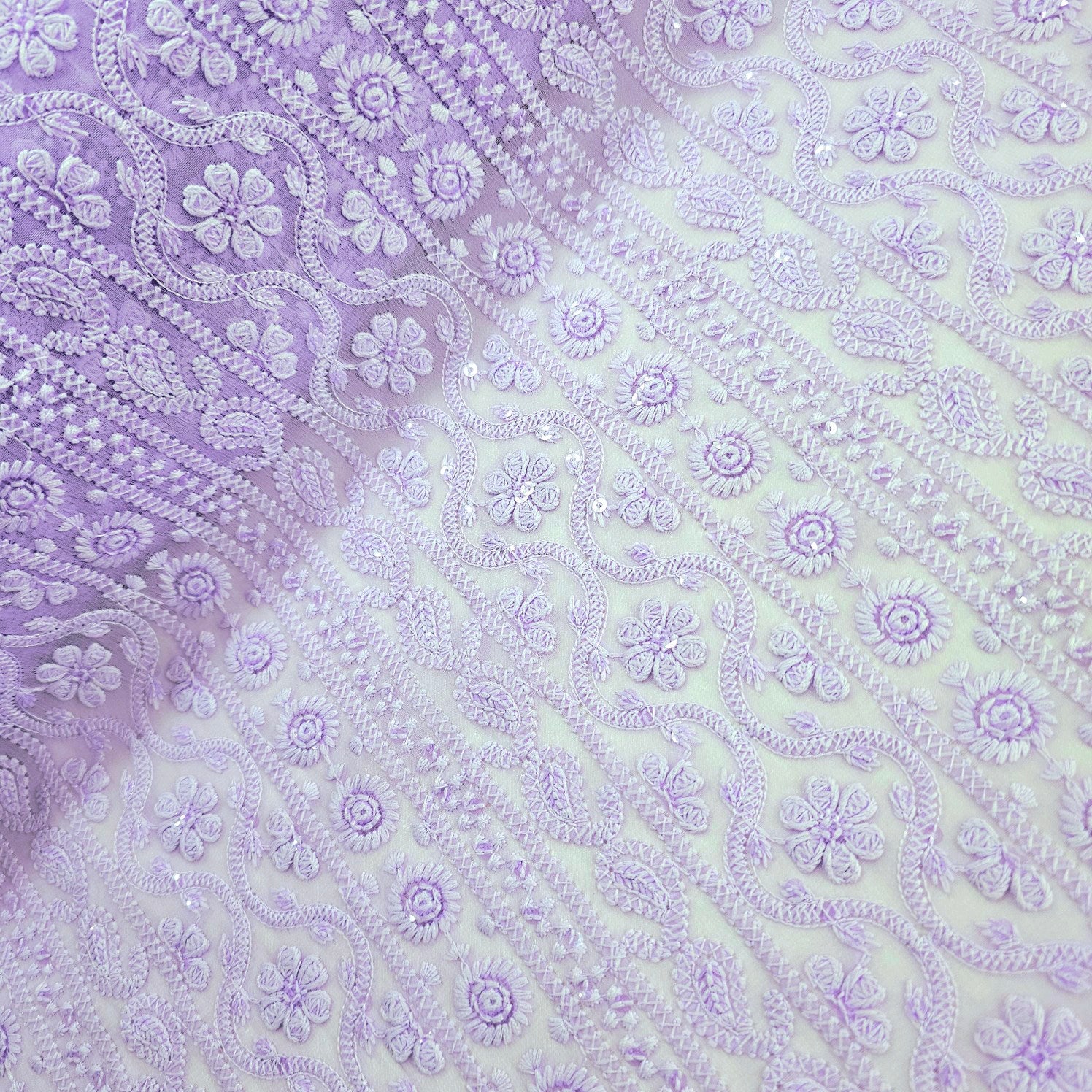 Mahira Embroidered Lilac Hakoba Georgette Fabric with Sequins and Floral Threadwork