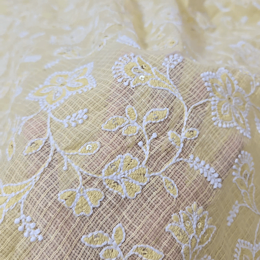 Floral Embroidered Butter Yellow Kota Doria Fabric with Sequin Highlights
