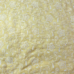 Floral Embroidered Butter Yellow Kota Doria Fabric with Sequin Highlights