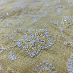 Floral Embroidered Butter Yellow Kota Doria Fabric with Sequin Highlights