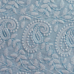 Embroidered Artic Blue Hakoba Georgette Fabric with Sequins Threadwork
