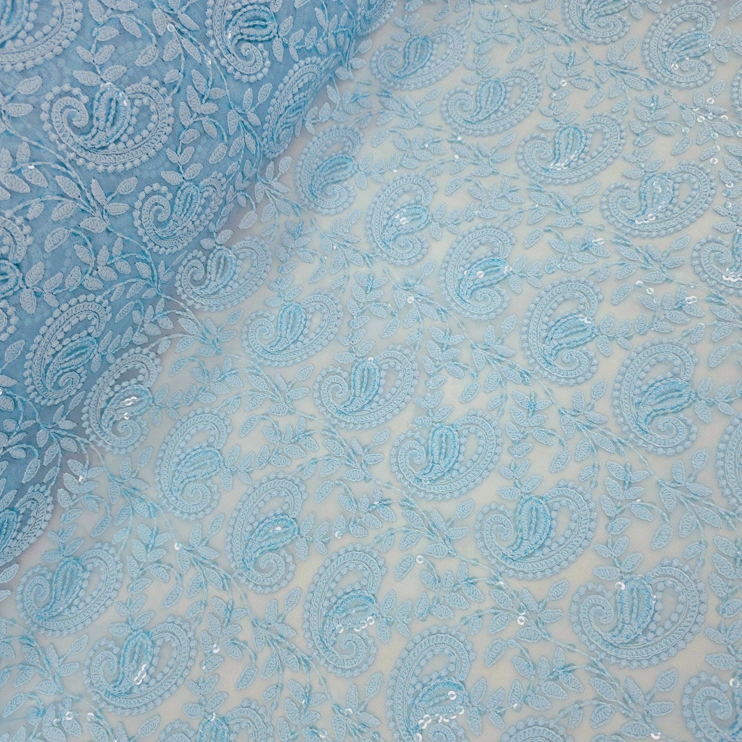 Embroidered Artic Blue Hakoba Georgette Fabric with Sequins Threadwork