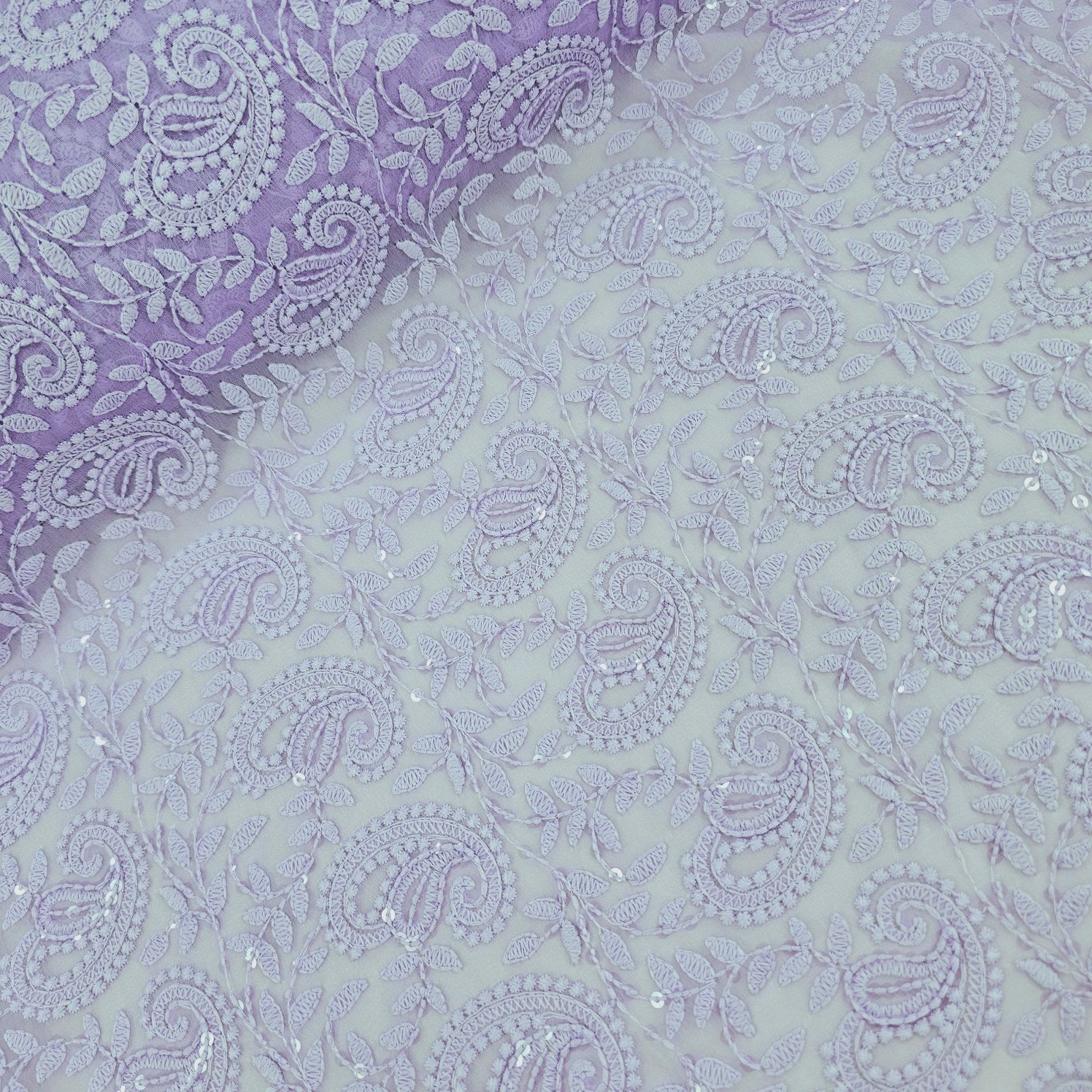 Embroidered Lavender Hakoba Georgette Fabric with Sequins Threadwork