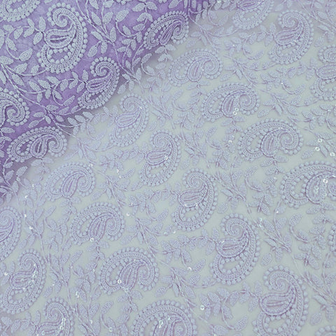 Embroidered Lavender Hakoba Georgette Fabric with Sequins Threadwork