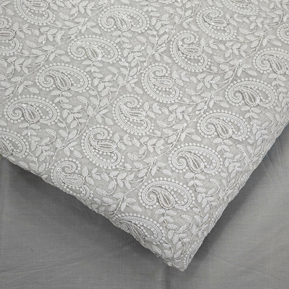 Embroidered Grey Hakoba Georgette Fabric with Sequins Threadwork