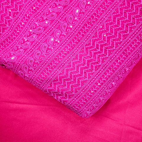 Yasna Embroidered Rani Pink Hakoba Georgette Fabric with Sequins and Threadwork