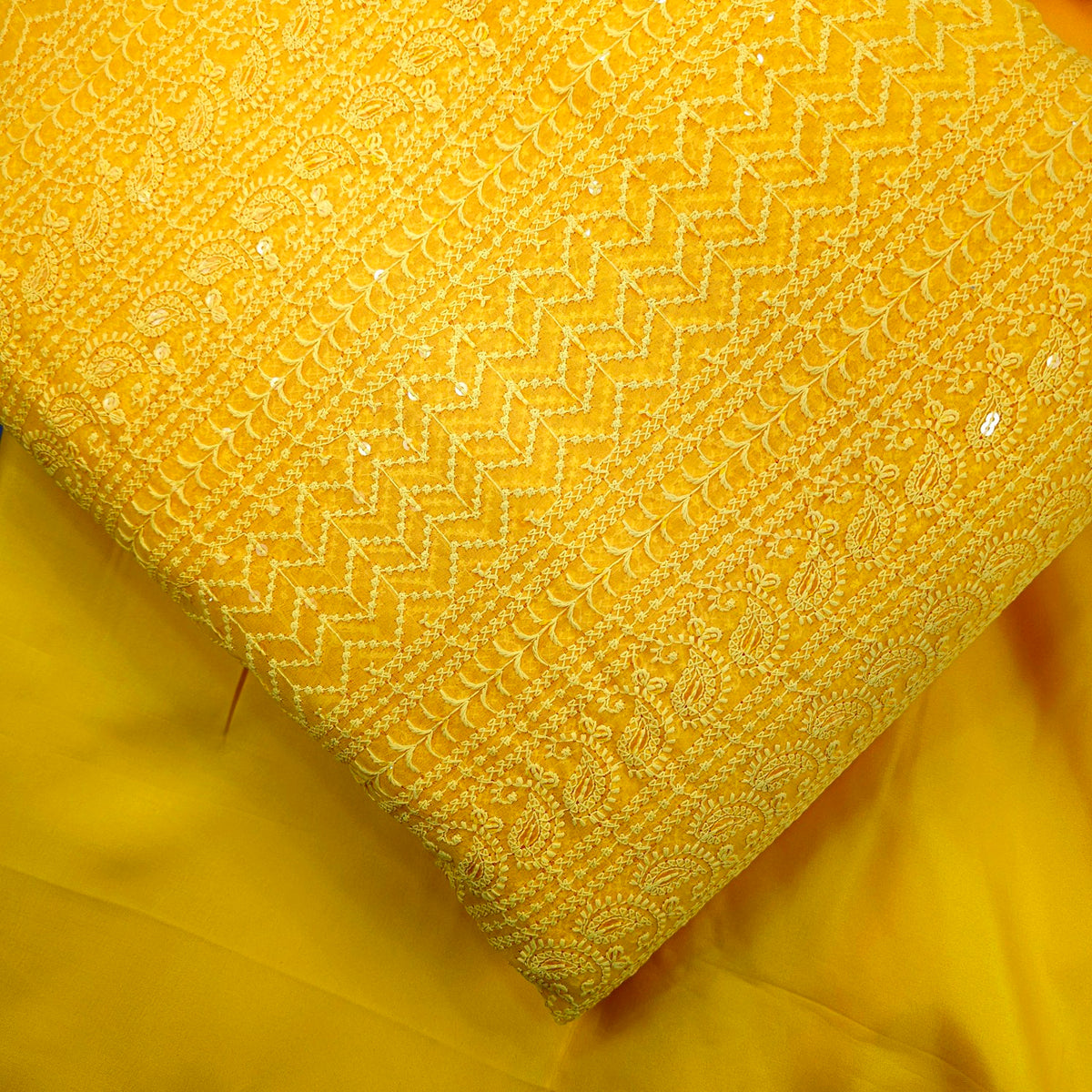 Yasna Embroidered bright Yellow Hakoba Georgette Fabric with Sequins and Threadwork
