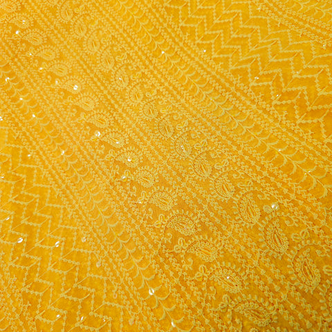 Yasna Embroidered bright Yellow Hakoba Georgette Fabric with Sequins and Threadwork