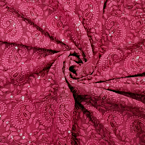 Embroidered Maroon Hakoba Georgette Fabric with Sequins Threadwork