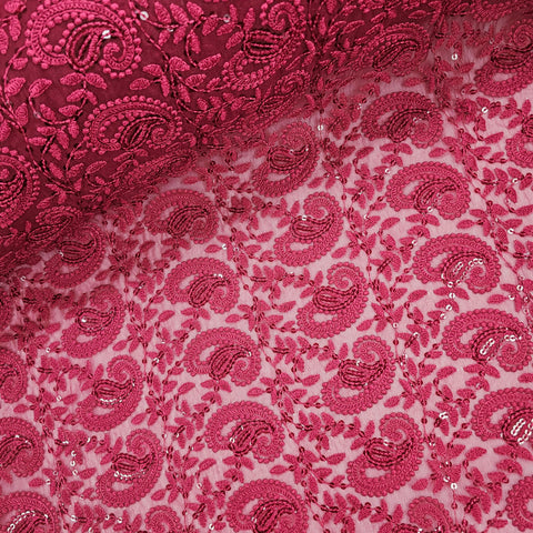 Embroidered Maroon Hakoba Georgette Fabric with Sequins Threadwork